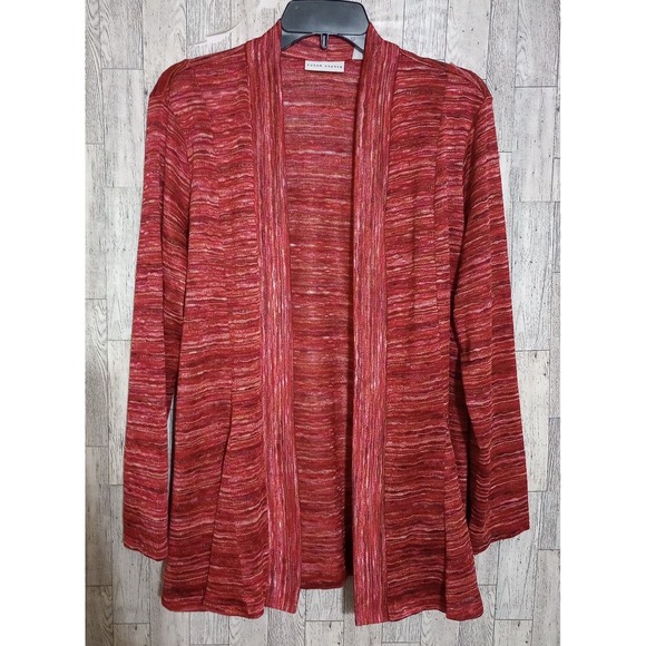 Susan Graver Cardigan Space Dye Knit Sweater Open Front Deep Coral Size Large - Picture 1 of 5